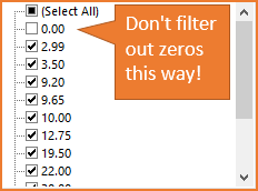 How to properly filter zeros and numbers with the Filter drop-down menus